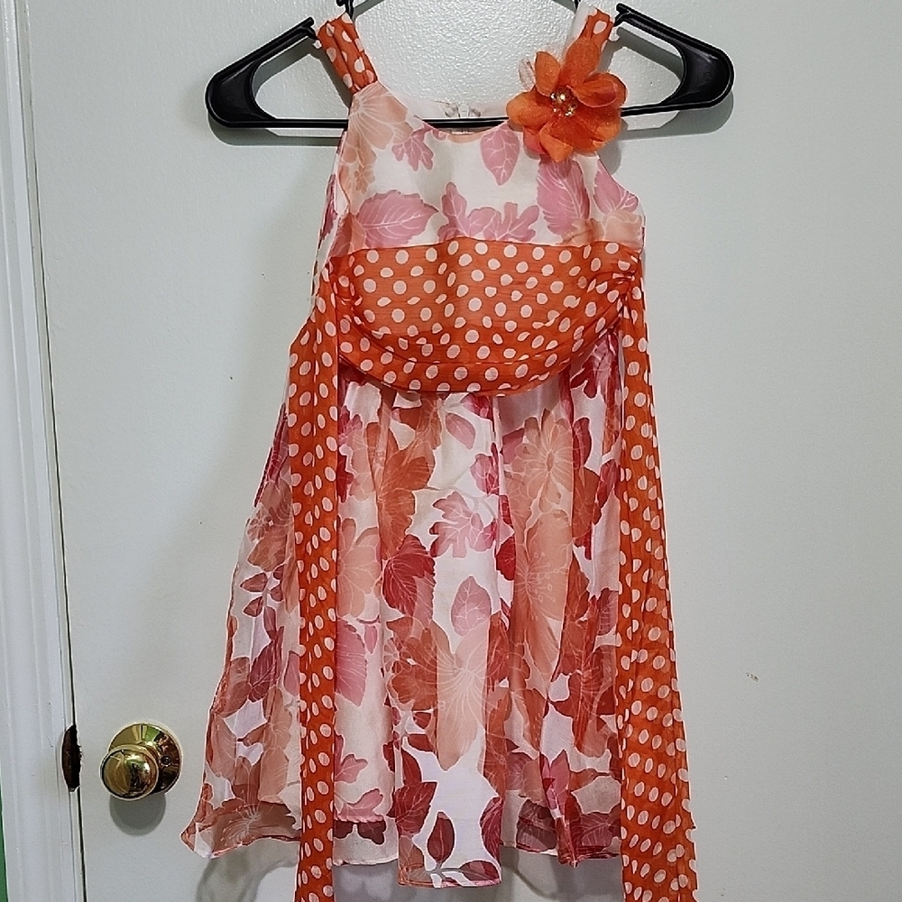 Bonnie Jean Orange Floral Dress with Polka Dots
